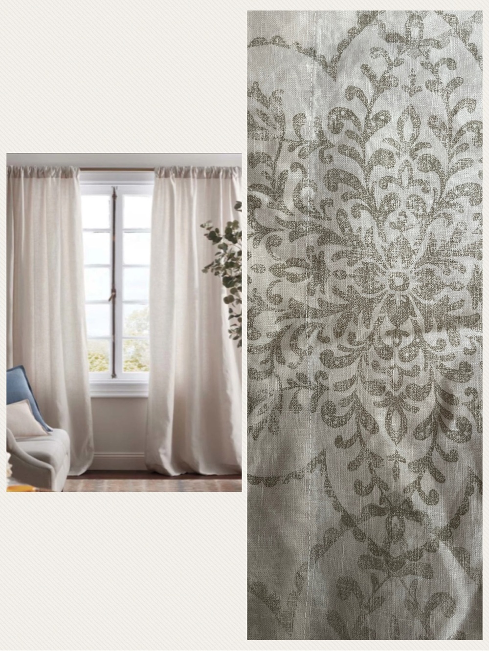 NWOT The Company Store 100% Linen Beige Floral Medallion Pair Of Curtain Panels